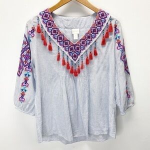 Chicos Embroidered Tassel V Neck Blouse Sz M